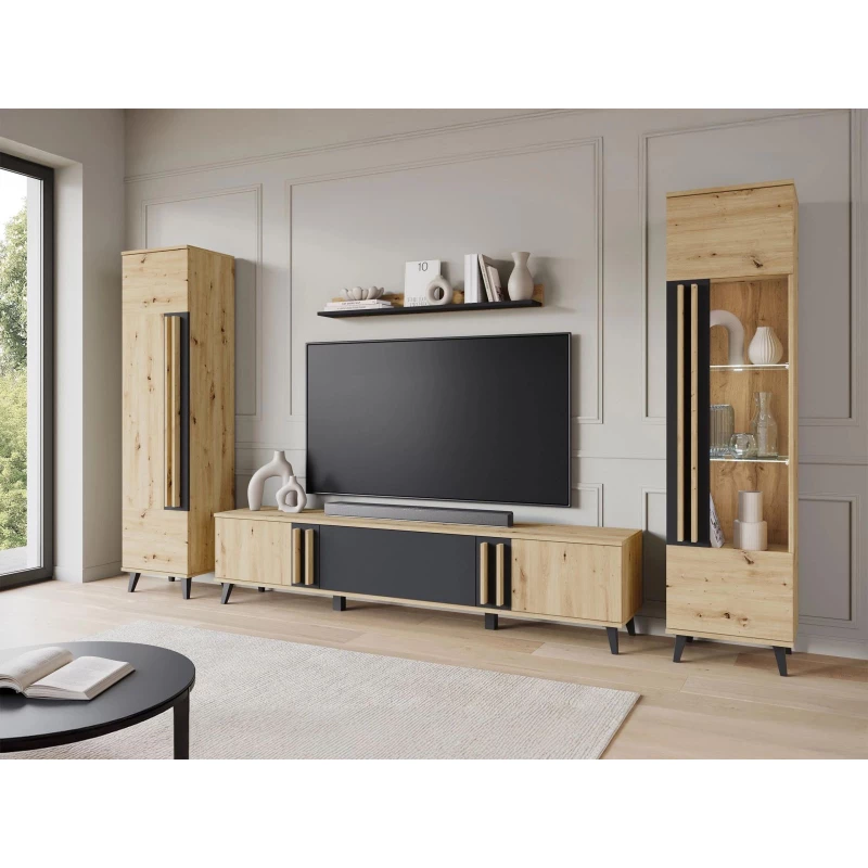 Stěna do obýváku POULSBO 2 - dub artisan / černá grafitová + LED osvětlení ZDARMA