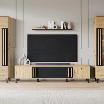 Stěna do obýváku POULSBO 2 - dub artisan / černá grafitová + LED osvětlení ZDARMA