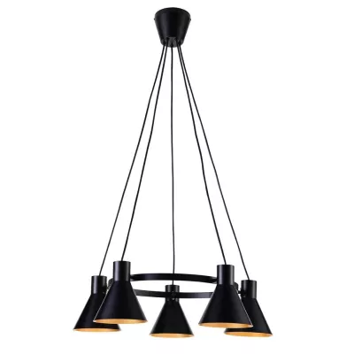 Moderní závěsný pětiramenný lustr na lanku MORE - 5xE27, 40W, černý / zlatý