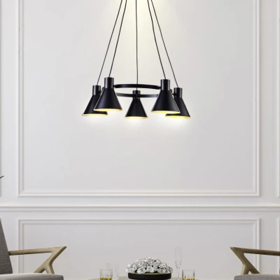 Moderní závěsný pětiramenný lustr na lanku MORE - 5xE27, 40W, černý / zlatý