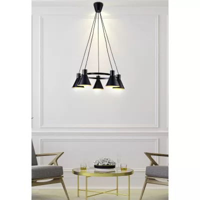 Moderní závěsný pětiramenný lustr na lanku MORE - 5xE27, 40W, černý / zlatý