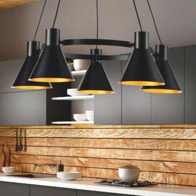 Moderní závěsný pětiramenný lustr na lanku MORE - 5xE27, 40W, černý / zlatý