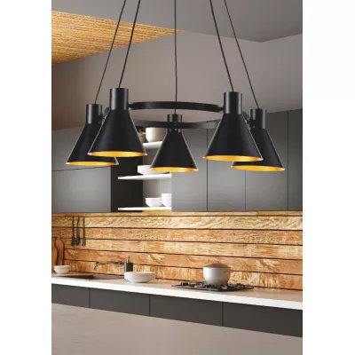 Moderní závěsný pětiramenný lustr na lanku MORE - 5xE27, 40W, černý / zlatý