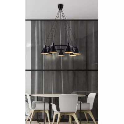 Moderní závěsný lustr na lanku MORE - 7xE27, 40W, černý / zlatý