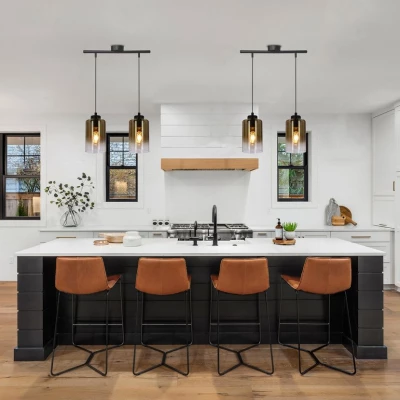 Závěsné moderní světlo nad jídelní stůl ASPRA - 2xE27, 60W, černé / jantarové