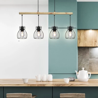 Závěsné industriální svítidlo nad jídelní stůl BERNITA - 4xE27, 60W, černé / hnědé