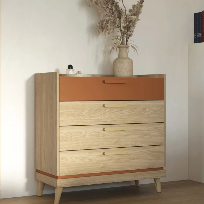 Šuplíková komoda ARWEN - dub / cihlová