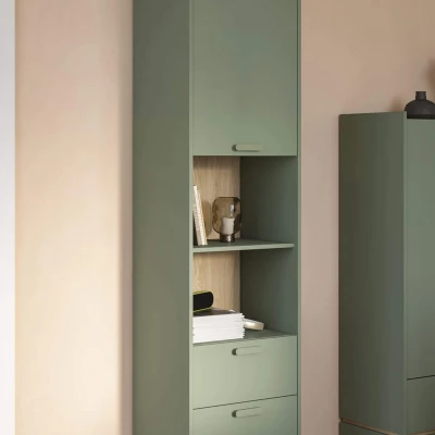 Policový regál se šuplíky ARWEN - zelený / dub