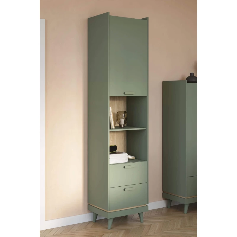 Policový regál se šuplíky ARWEN - zelený / dub