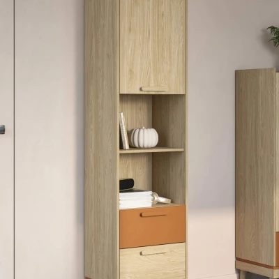 Policový regál se šuplíky ARWEN - dub / cihlový