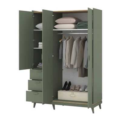 Třídveřová skříň se šuplíky 144 cm ARWEN - zelená / dub