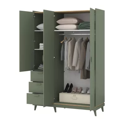 Třídveřová skříň se šuplíky 144 cm ARWEN - zelená / dub