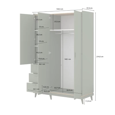 Třídveřová skříň se šuplíky 144 cm ARWEN - dub / cihlová