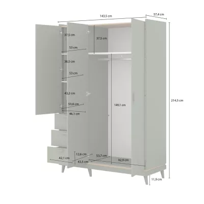 Třídveřová skříň se šuplíky 144 cm ARWEN - dub / cihlová