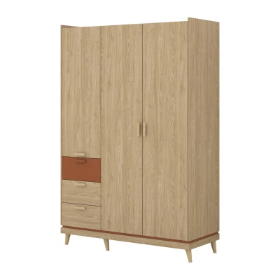 Třídveřová skříň se šuplíky 144 cm ARWEN - dub / cihlová