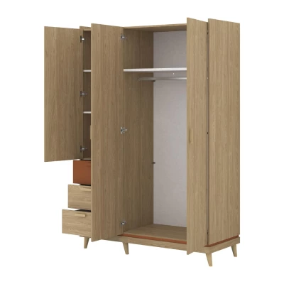 Třídveřová skříň se šuplíky 144 cm ARWEN - dub / cihlová