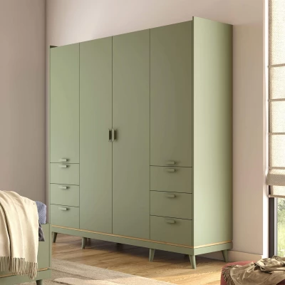 Čtyřdveřová šatní skříň 190 cm ARWEN - zelená / dub