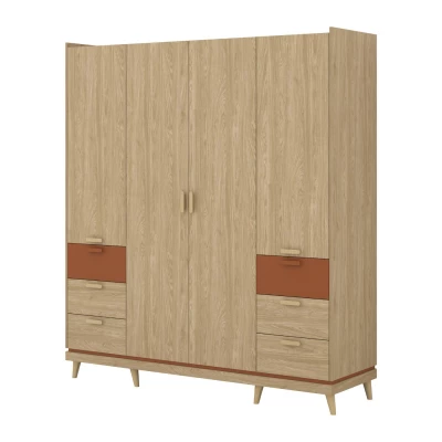 Čtyřdveřová šatní skříň 190 cm ARWEN - dub / cihlová