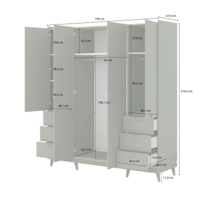 Čtyřdveřová šatní skříň 190 cm ARWEN - dub / cihlová