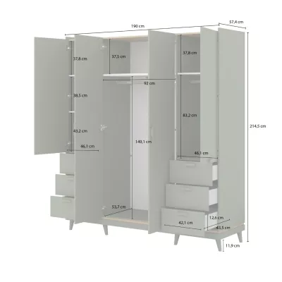 Čtyřdveřová šatní skříň 190 cm ARWEN - dub / cihlová