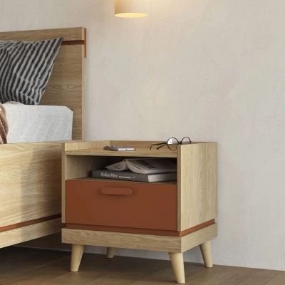 Noční stolek ARWEN - dub / cihlový