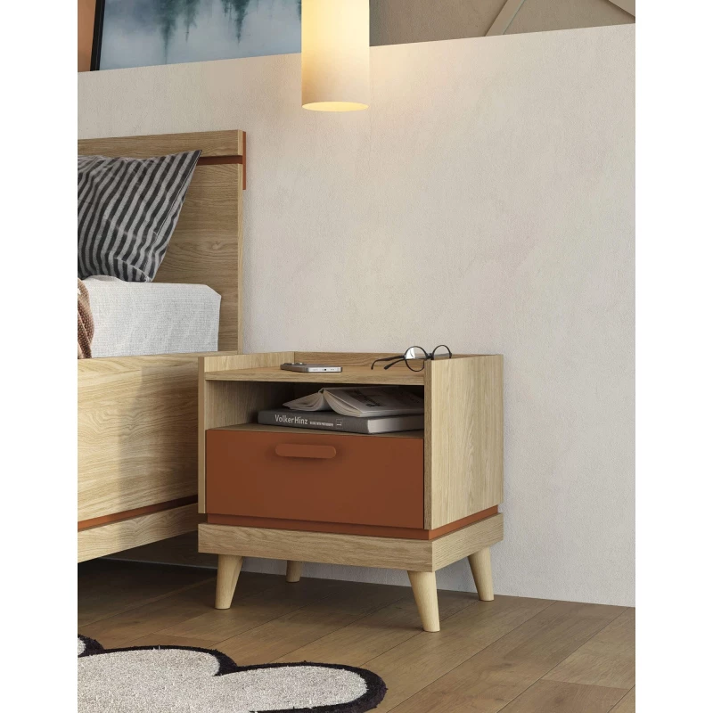 Noční stolek ARWEN - dub / cihlový