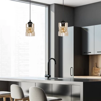 Moderní závěsné osvětlení FELIS - 1xE27, 60W, černé / jantarové sklo