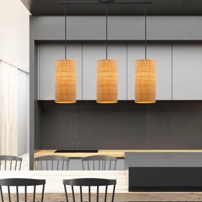 Ratanové závěsné osvětlení nad jídelní stůl FLERI - 3xE27, 60W, černé / béžové