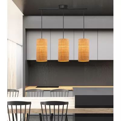 Ratanové závěsné osvětlení nad jídelní stůl FLERI - 3xE27, 60W, černé / béžové