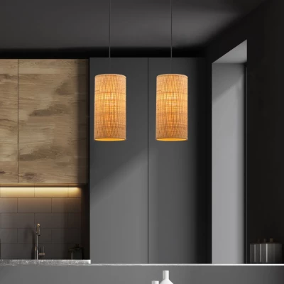 Ratanové závěsné osvětlení nad jídelní stůl FLERI - 2xE27, 60W, černé / béžové