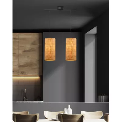 Ratanové závěsné osvětlení nad jídelní stůl FLERI - 2xE27, 60W, černé / béžové