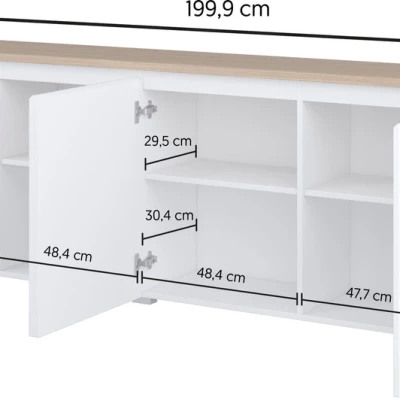 Široká komoda s dvířky CAPRI - bílá / dub mauvella