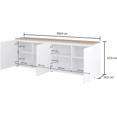 Široká komoda s dvířky CAPRI - bílá / dub mauvella