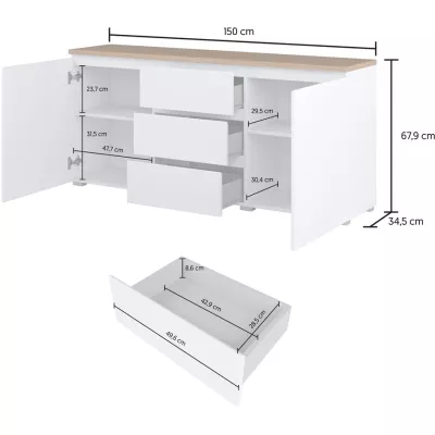 Kombinovaná komoda CAPRI - bílá / dub mauvella