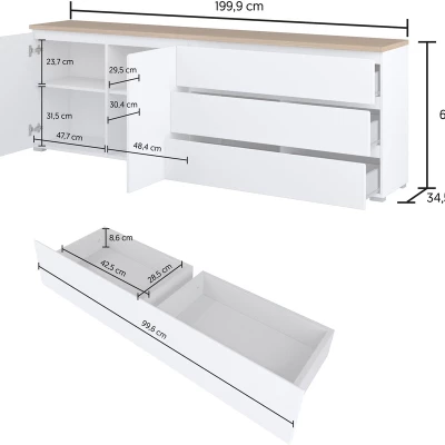 Široká kombinovaná komoda CAPRI - bílá / dub mauvella
