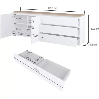 Široká kombinovaná komoda CAPRI - bílá / dub mauvella