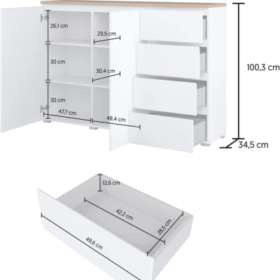Komoda s dvířky a šuplíky CAPRI - bílá / dub mauvella