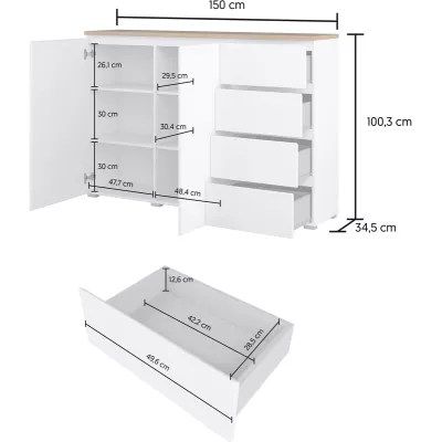 Komoda s dvířky a šuplíky CAPRI - bílá / dub mauvella