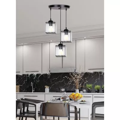 Závěsné osvětlení GLASSIA - 3xE27, 40W, černé / čiré
