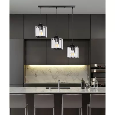 Závěsné osvětlení nad jídelní stůl GLASSIA - 3xE27, 40W, černé / čiré