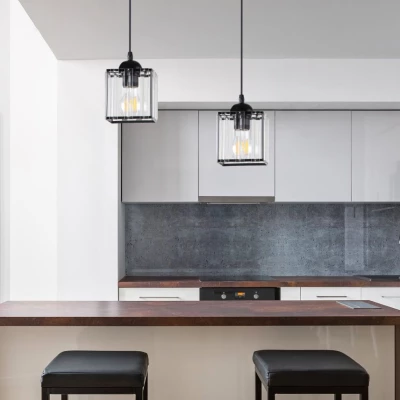 Závěsné osvětlení nad jídelní stůl GLASSIA - 2xE27, 40W, černé / čiré