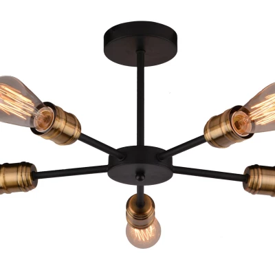 Závěsný industriální lustr na tyči GOLDIE - 5xE27, 60W, černý / patina