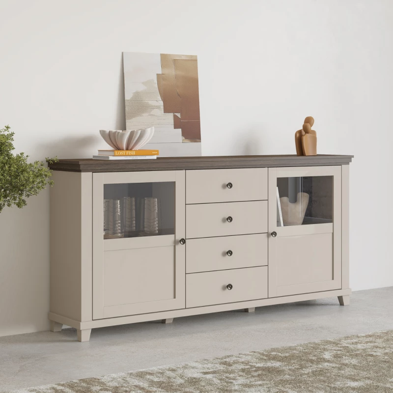 Široká kombinovaná komoda EROL - béžová / dub dunin