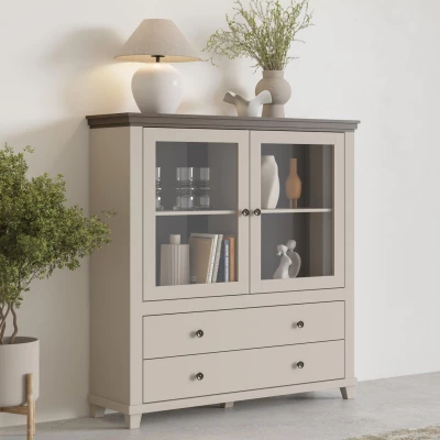 Vysoká komoda s prosklenými dvířky EROL - béžová / dub dunin