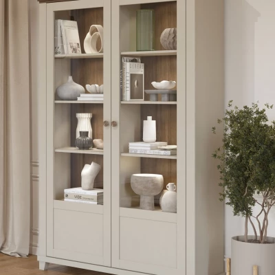 Vitrína s prosklenými dvířky EROL - béžová / dub dunin