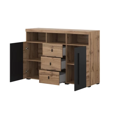 Komoda se šuplíky a dvířky DEIDRE - dub wotan / černá