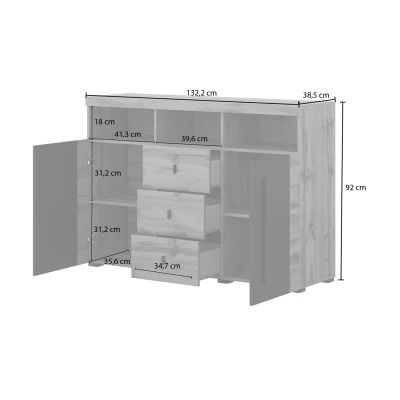 Komoda se šuplíky a dvířky DEIDRE - dub wotan / černá