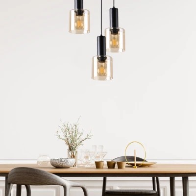 Závěsný lustr ISAR - 3xE27, 40W, černý / jantarový