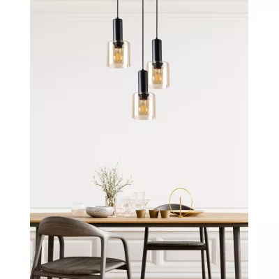 Závěsný lustr ISAR - 3xE27, 40W, černý / jantarový