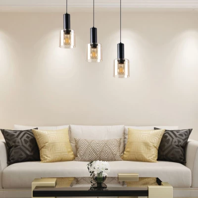 Závěsný lustr nad jídelní stůl ISAR - 3xE27, 40W, černý / jantarový